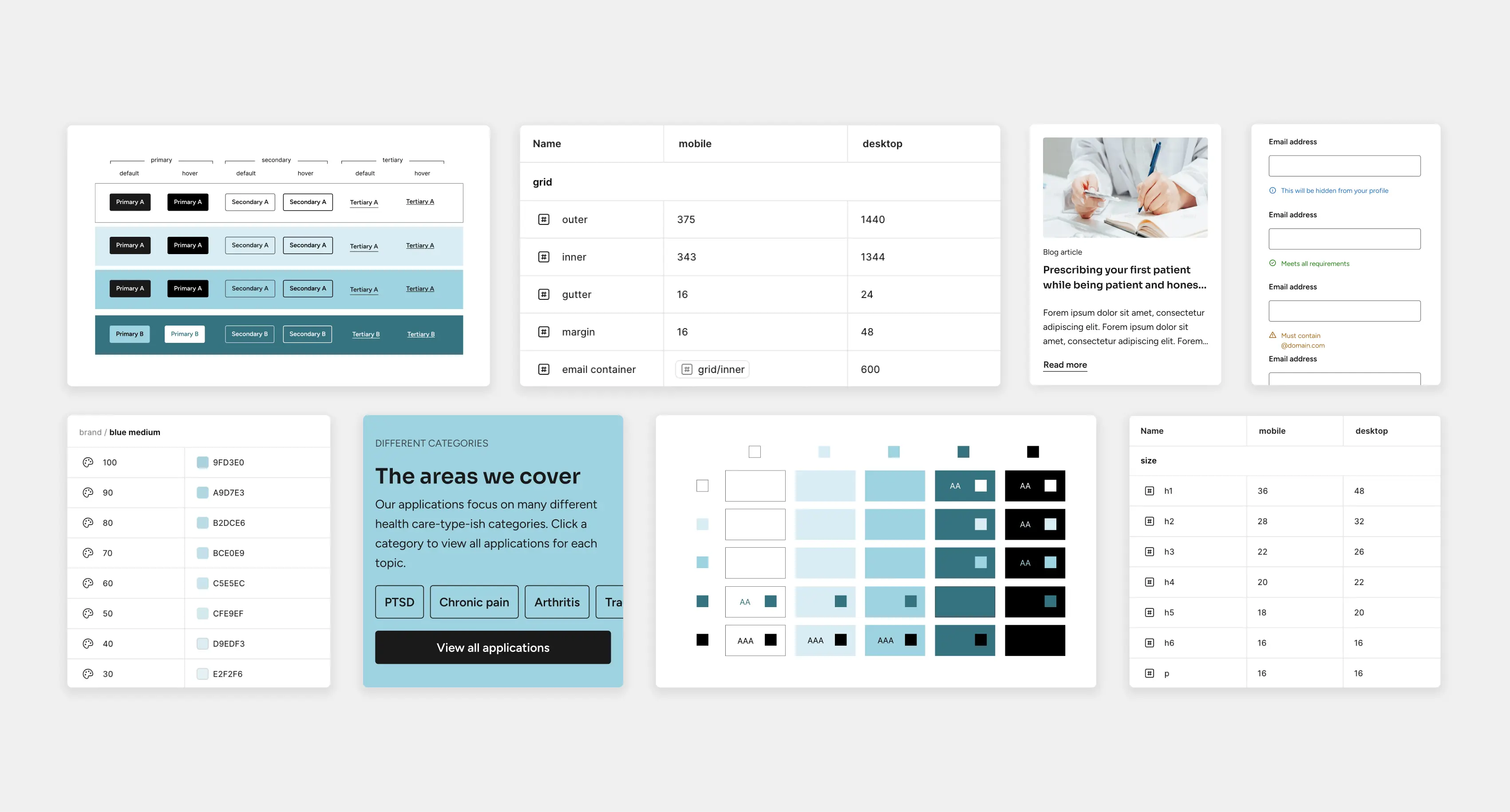 An collection of elements from a design system, like variables, colors and buttons