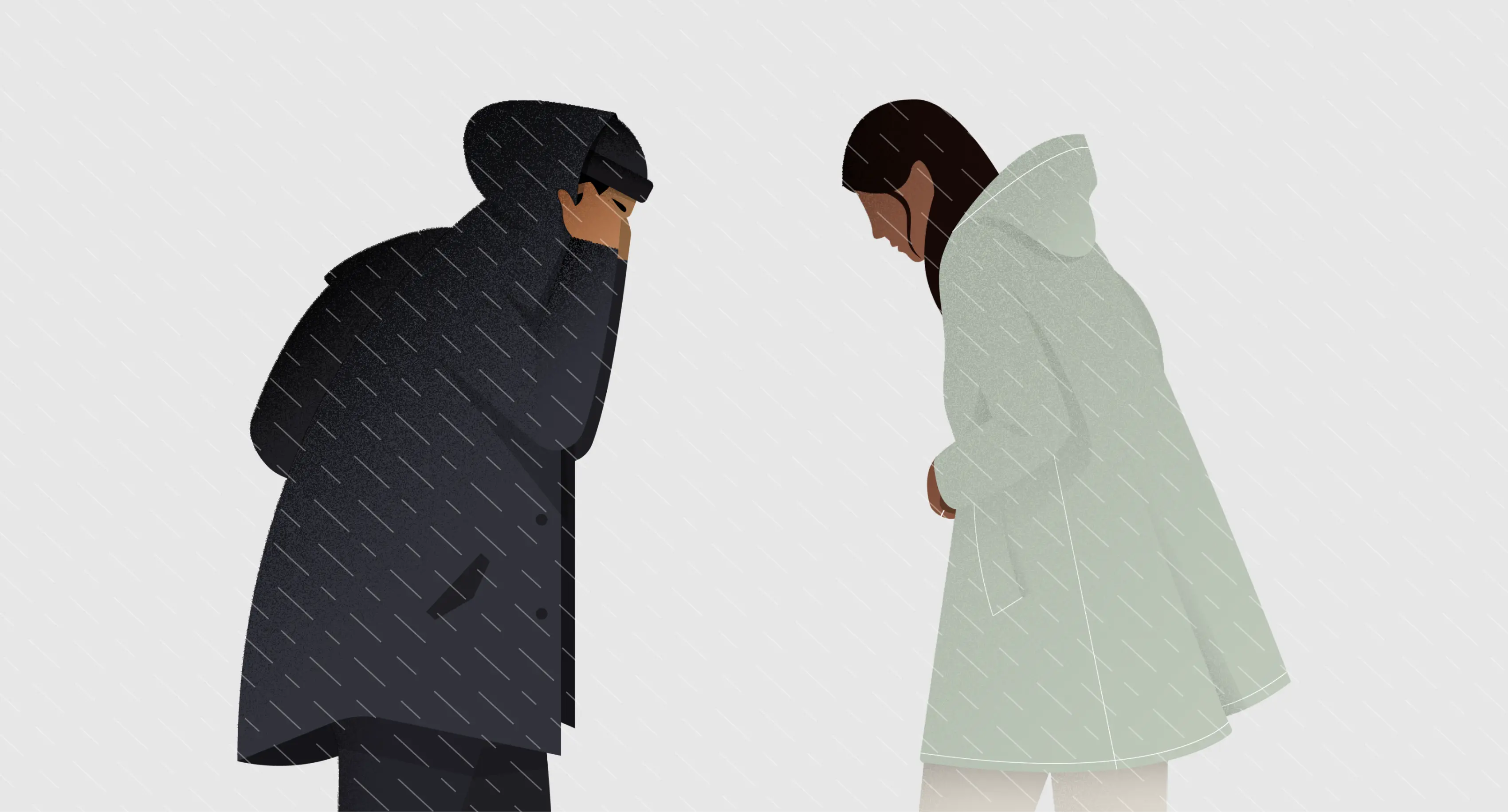 Illustration of two people in raincoats walking toward each other