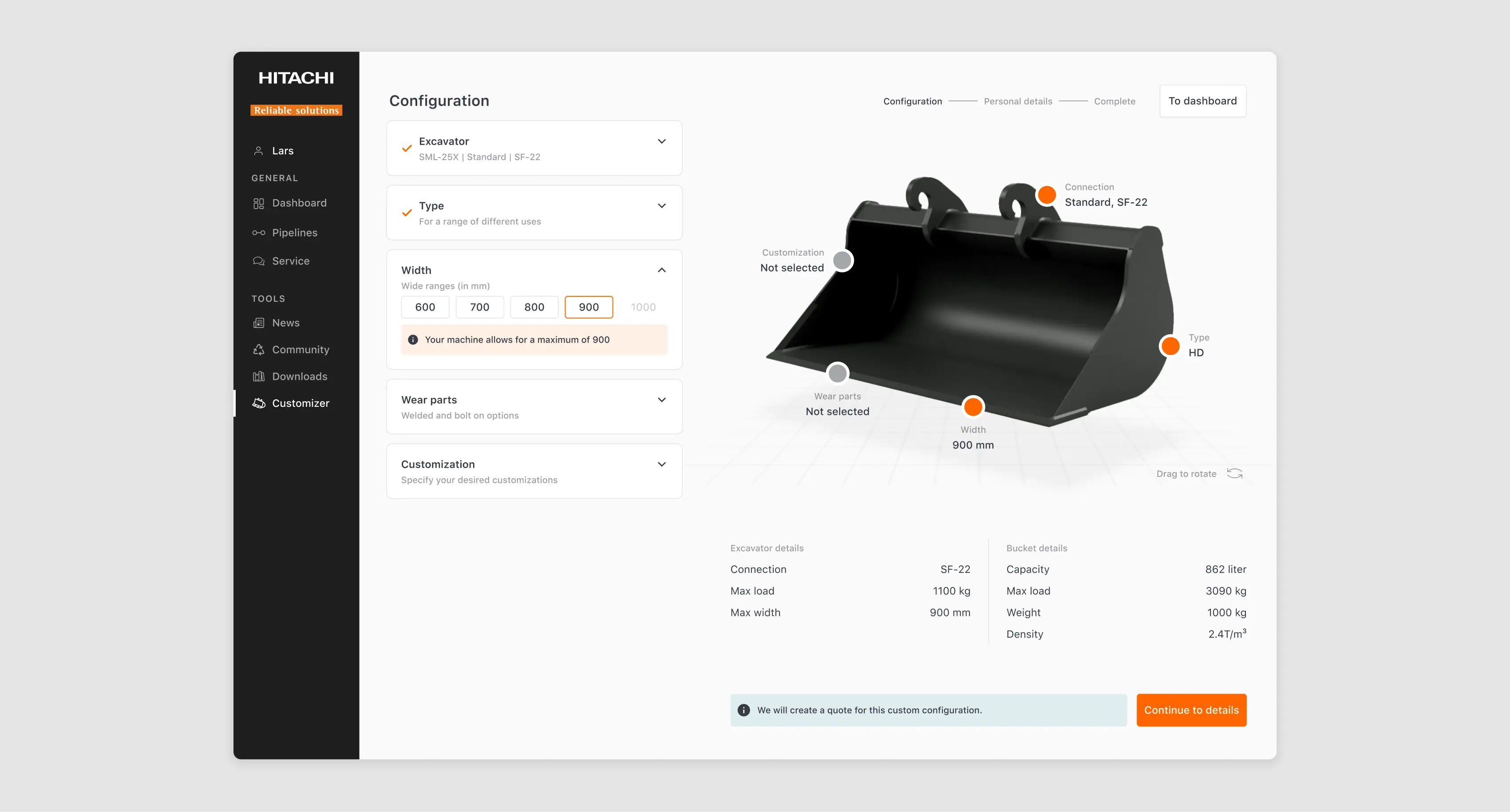 Overview of bucket, specifications and interface controls