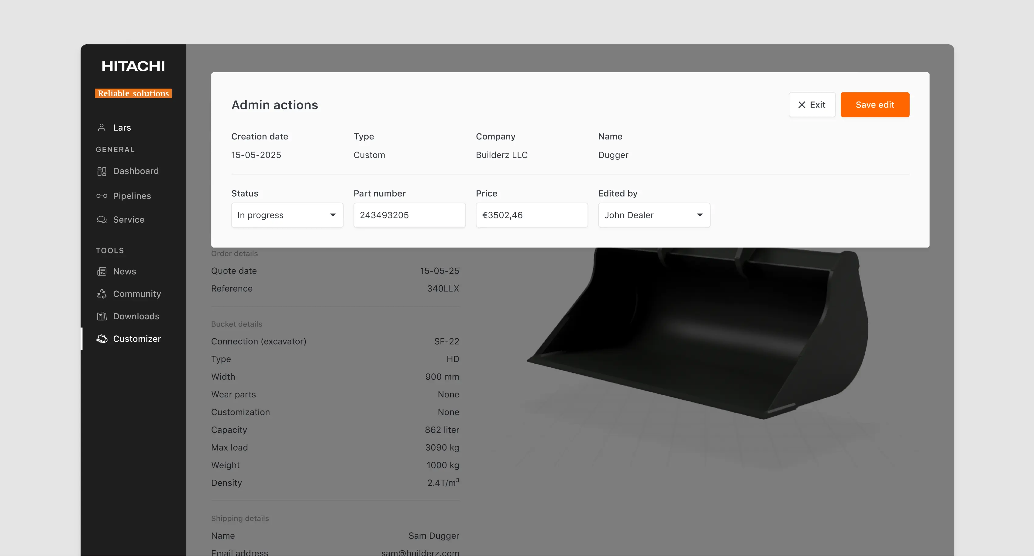 Modal window with administrative actions