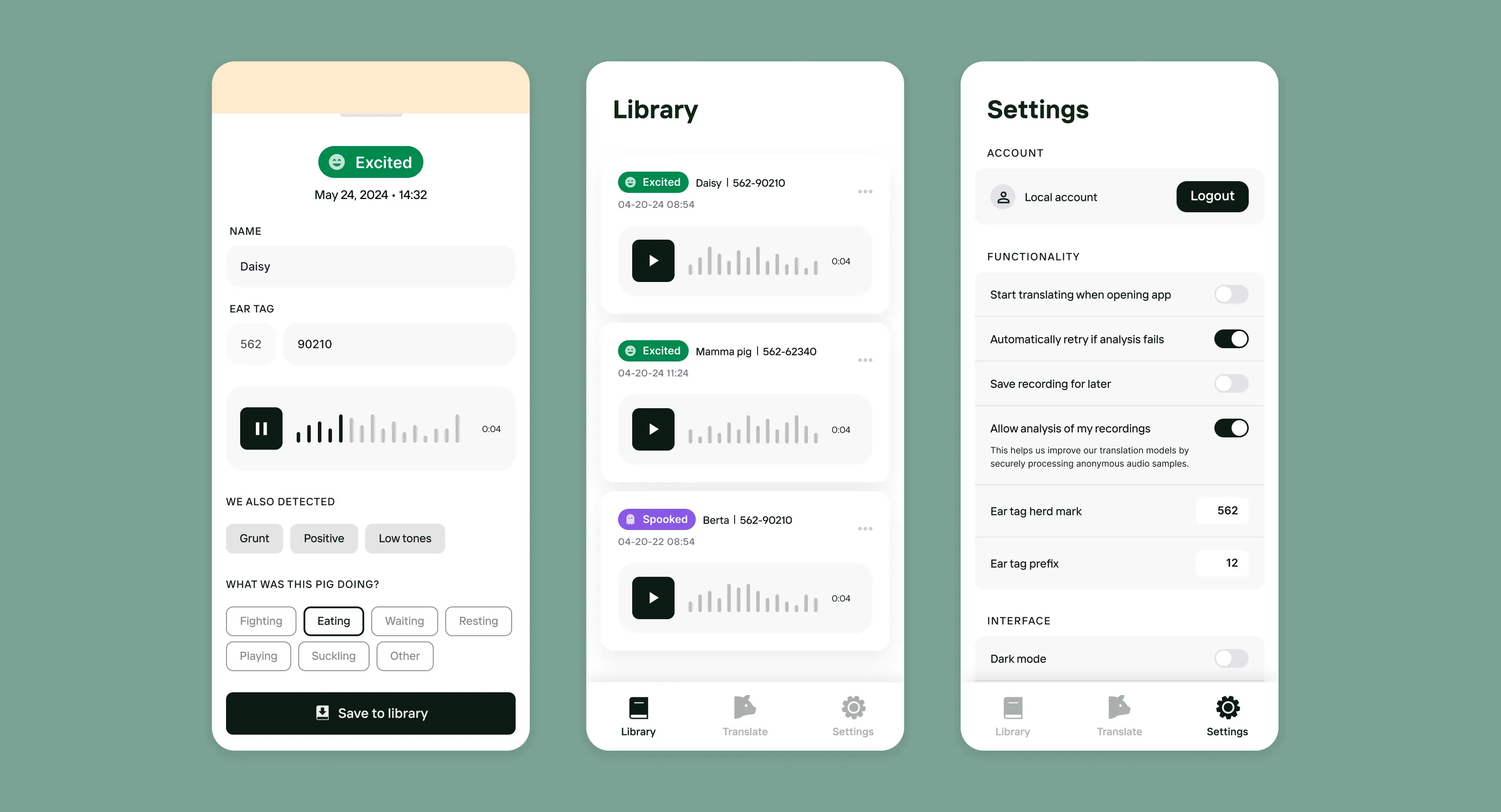 Screens for scan results, library and settings