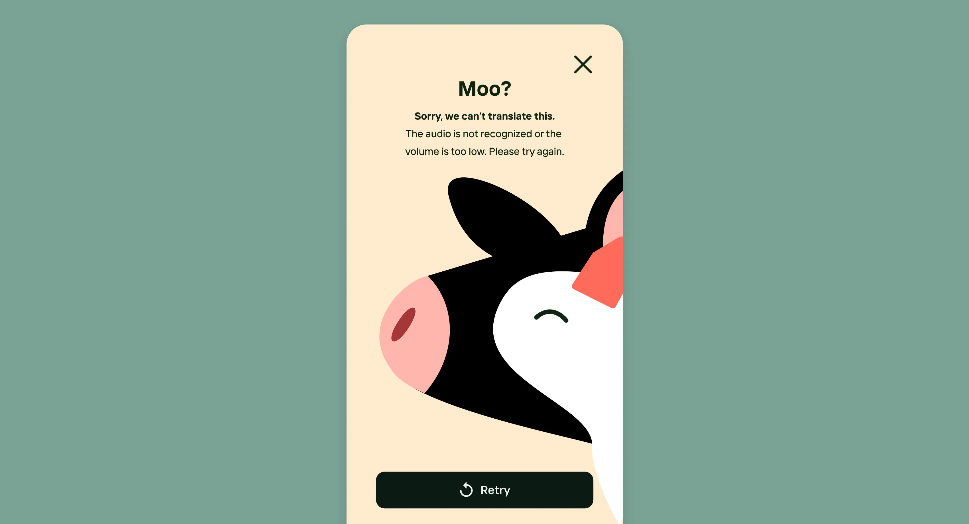 Error screen with a cow illustration of a pig