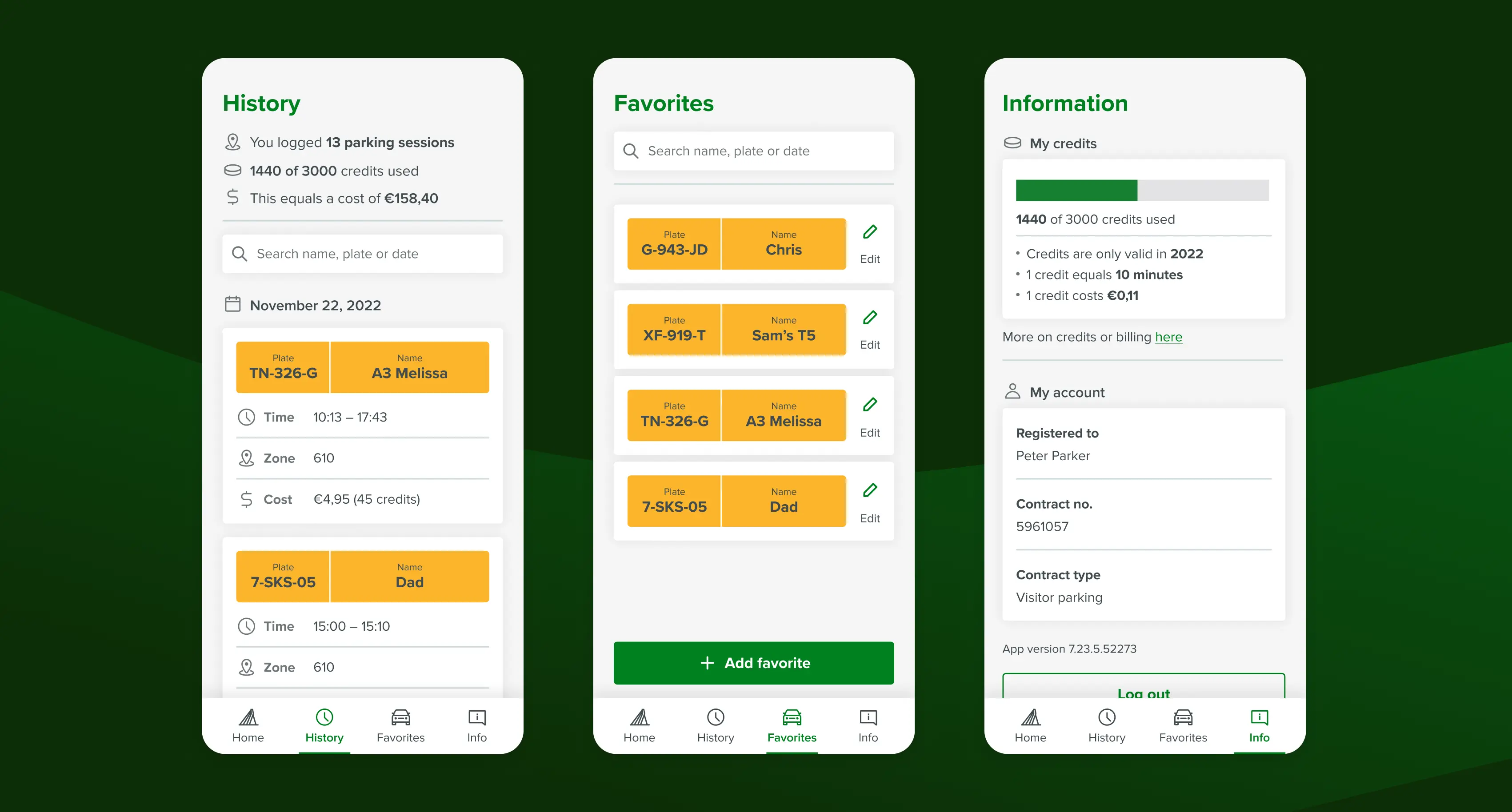 History, favorites and information screens