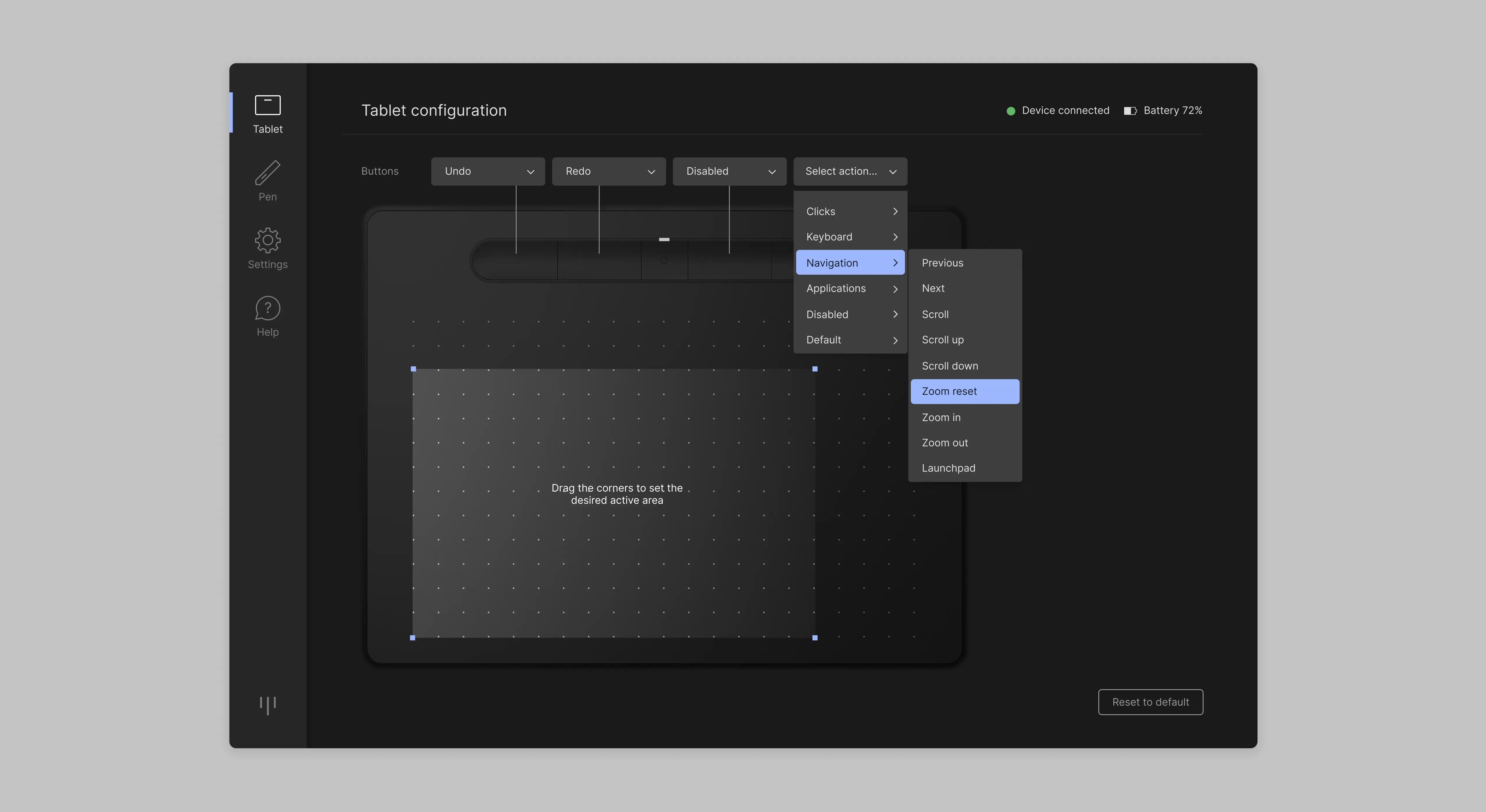 Tablet settings screen