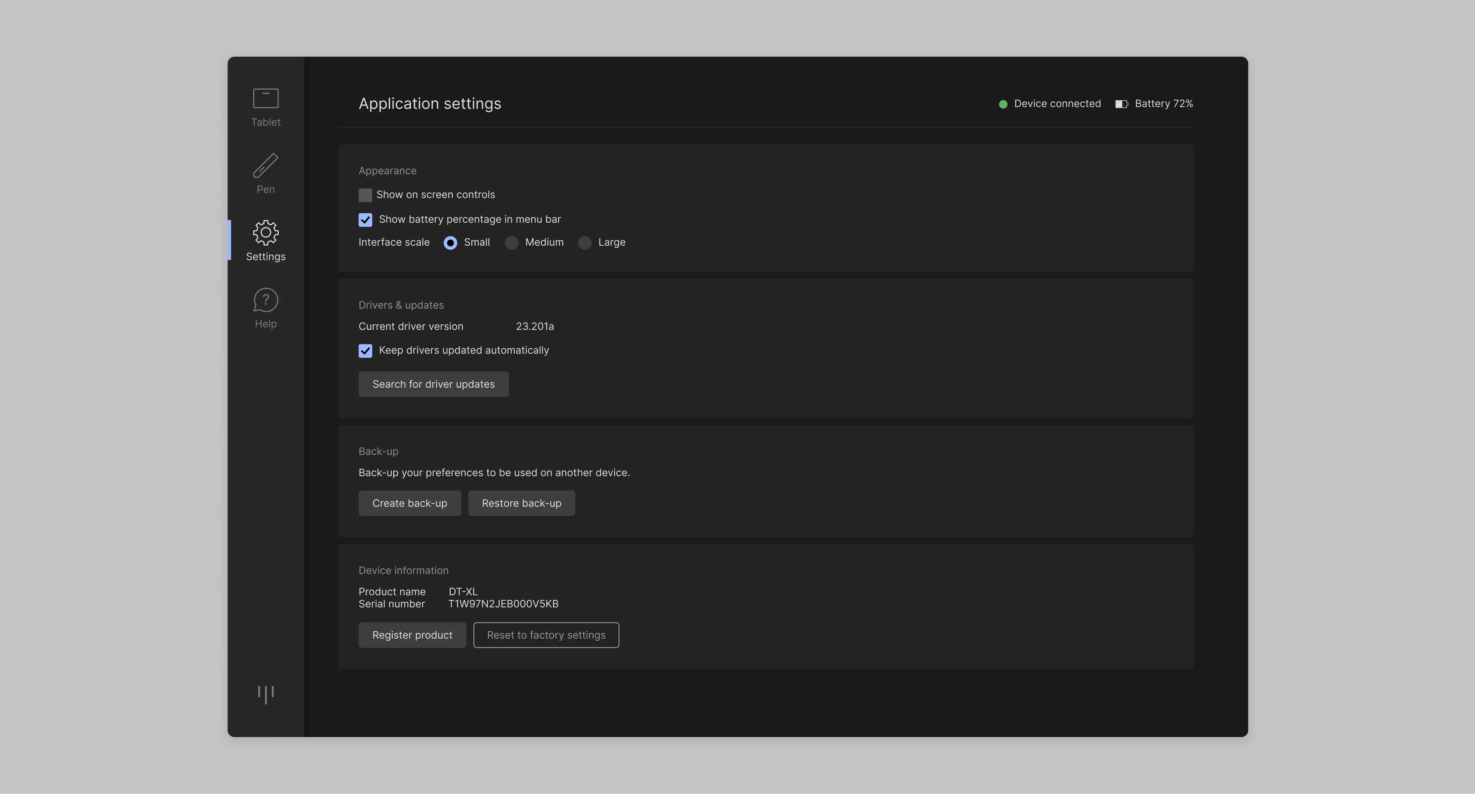 General software settings screen