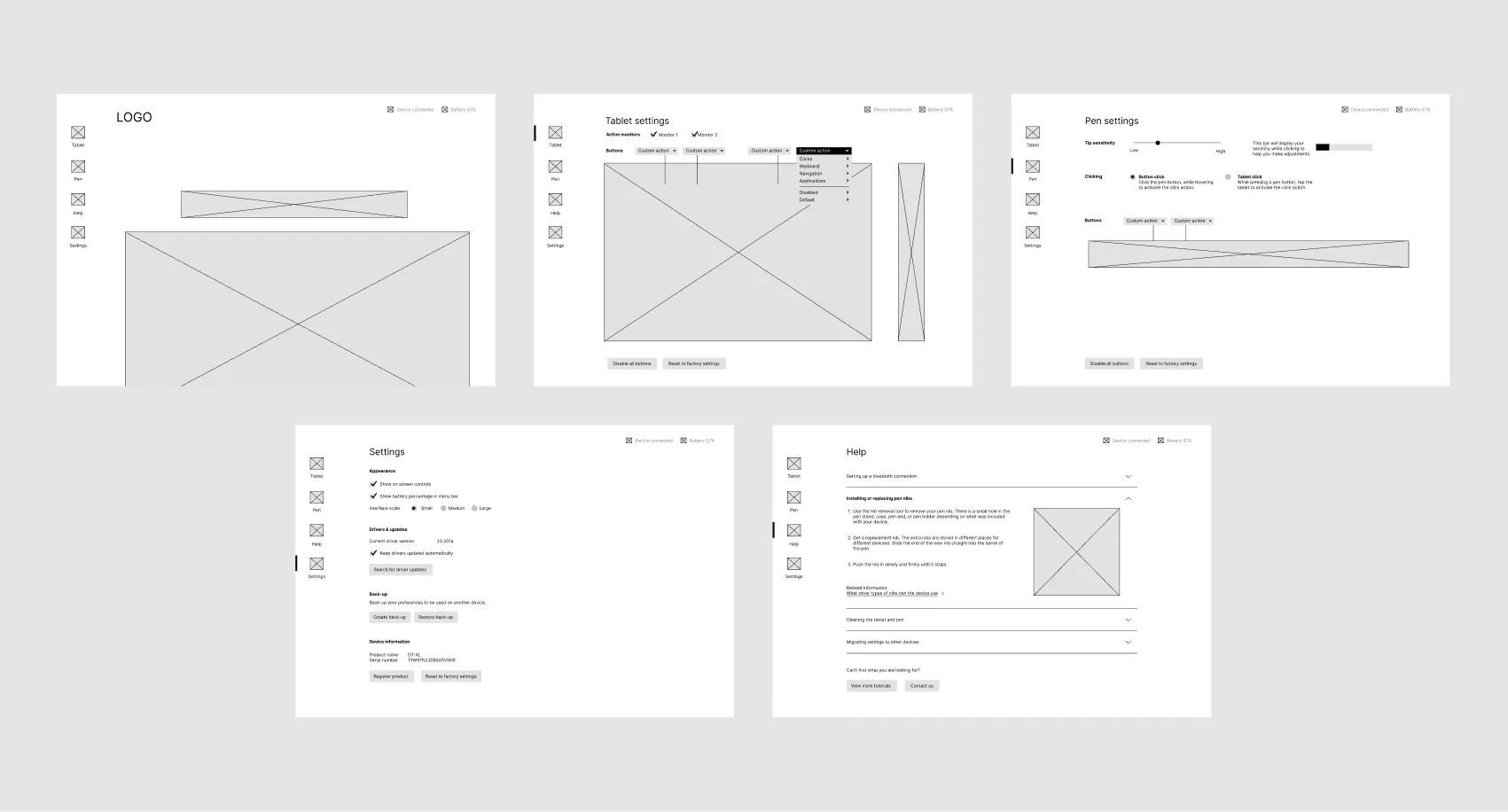 Black and white wireframes