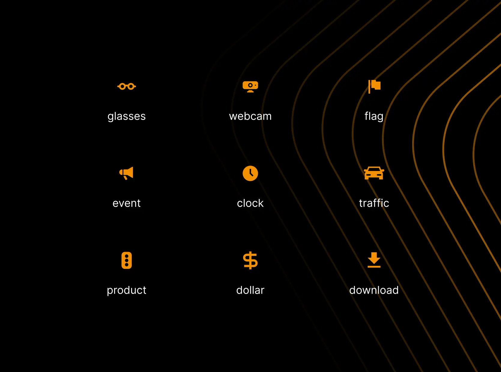 Icon grid with glasses, flag and download icons
